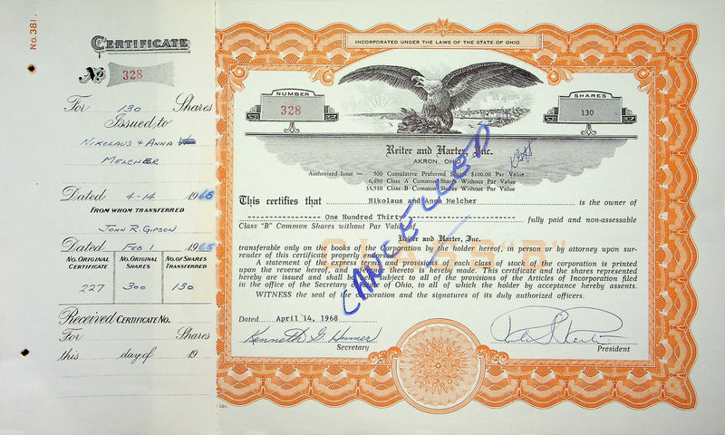 Reiter Dairy Company Stock Certificate Bond Scripophilly Akron Ohio 1968 No 328