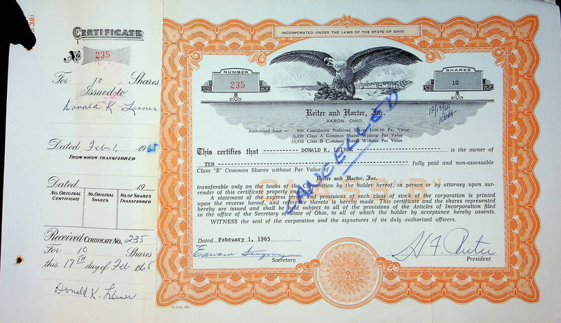 Reiter Dairy Company Stock Certificate Bond Scripophilly Akron Ohio 1965 No 235