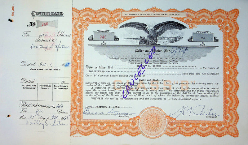 Reiter Dairy Company Stock Certificate Bond Scripophilly Akron Ohio 1965 No 246