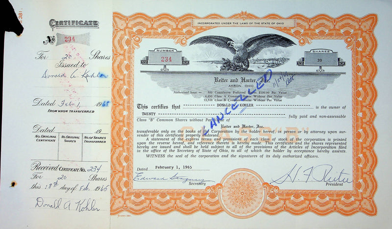 Reiter Dairy Company Stock Certificate Bond Scripophilly Akron Ohio 1965 No 234