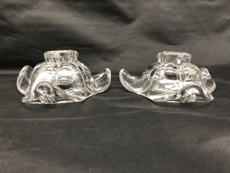 Vintage Duncan Miller Candle Holders Clear Glass Trillium Flower Blossoms Pedals 3