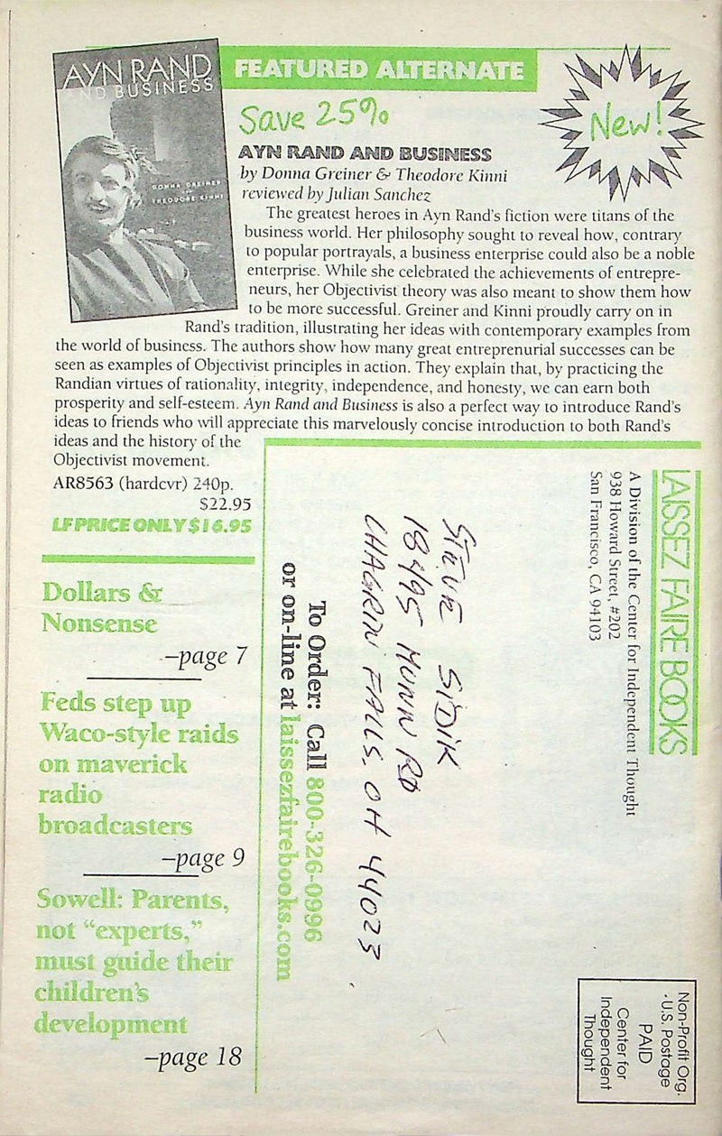 Laissez Faire Books Catalog Nov-Dec 2001 Activist Writing Tapes Liberals Freedom