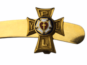 Vintage Holy Cross Filigree Lapel Pin Initials Y. P. L. L. Gold White Red 3