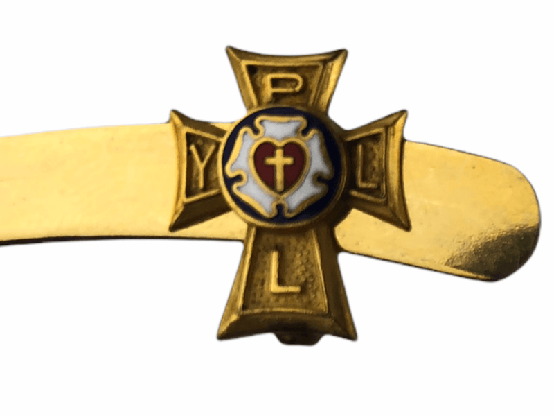 Vintage Holy Cross Filigree Lapel Pin Initials Y. P. L. L. Gold White Red 3