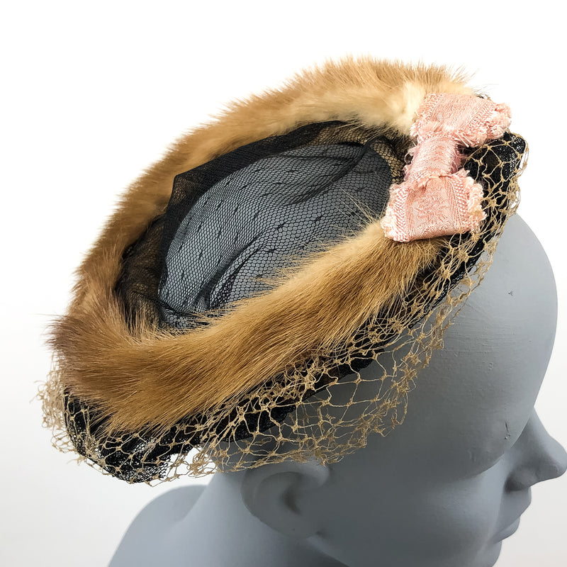 Vintage Fur Trimmed Open Crown Fascinator Hat w/ Grid Netting & Pink Bow Accent