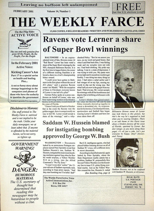 The Weekly Farce 2001 Vol 14 No. 1 Al Lerner Gets Voted Raven Super Bowl Prize 1