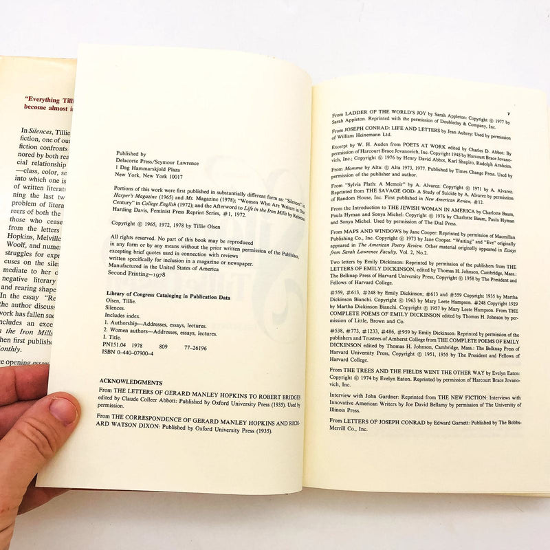 Silences Hardcover Tillie Olsen 1978 Women Studies Literature Discrimination 8