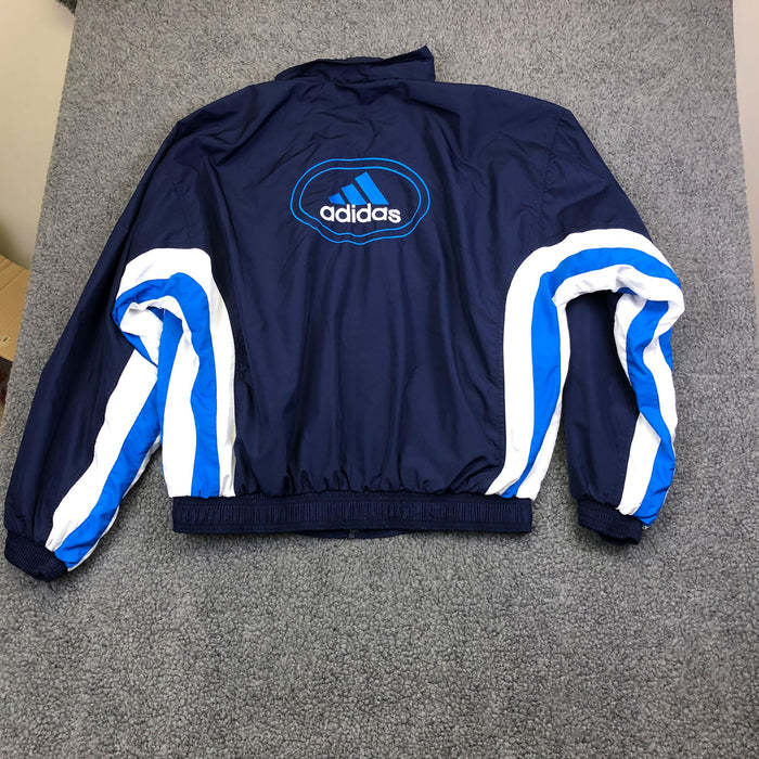 Vintage Adidas Windbreaker Jacket Large Polyester Blue Stripes Embroidered Logo