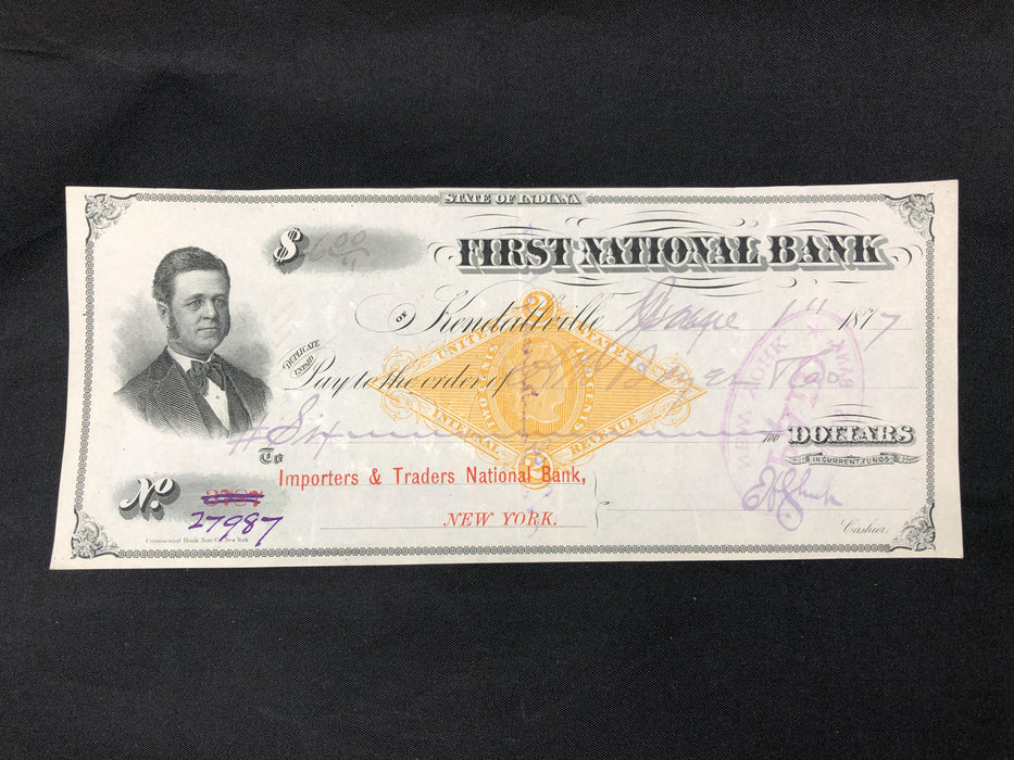 Antique Bank Check Original 1877 First National Bank Indiana 27987 Hole Punched