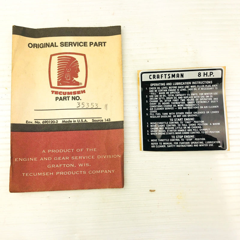 Tecumseh 35353 Engine Sticker Decal 8 HP Genuine OEM New Old Stock NOS 1