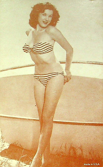 50s Pin Up Promo Photo Card Woman Wavy Hair Bikini Swimsuit Striped Beach Boat 1