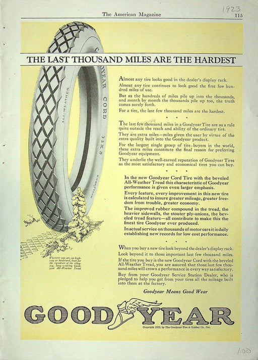 1923 Goodyear All-Weather Tread Tires Print Ad 11"x8" 1