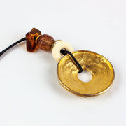Gold Toned Statement Necklace Metal Donut Amulet Corded 3