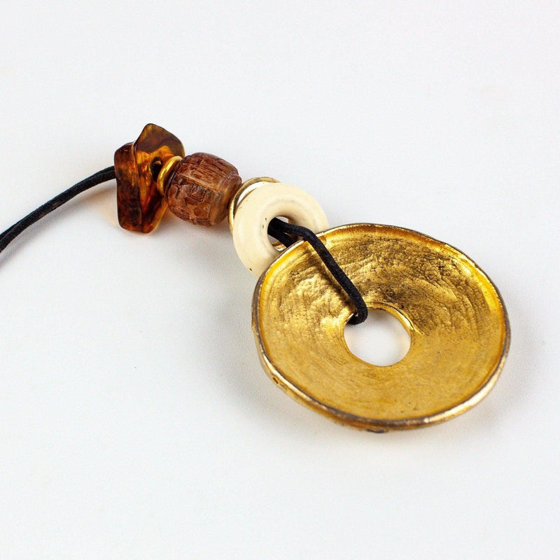 Gold Toned Statement Necklace Metal Donut Amulet Corded 3