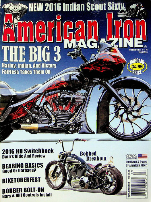 American Iron Motorcycle Magazine Mar # 333 2016 Harley Indian Victory Reviews