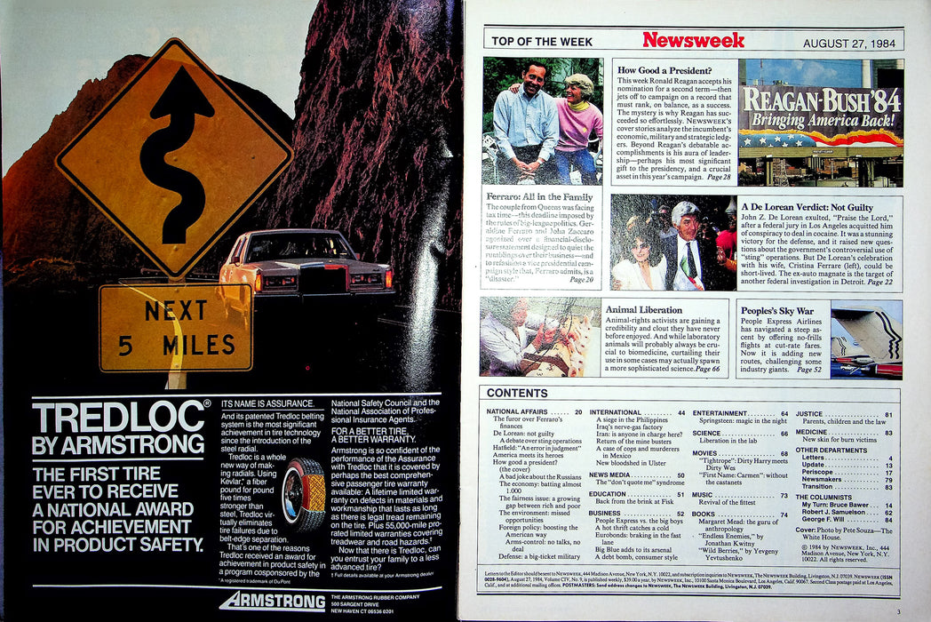 Newsweek Magazine August 27 1984 Ferraro Finances De Lorean Not Guilty Cocaine