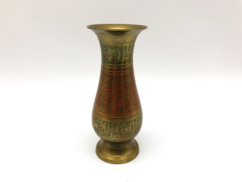 Vintage Solid Brass Vase Etched Enamel Floral Pattern 6in Tall Hand Engraved 3