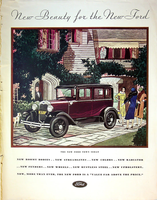 1940's Ford Town Sedan Print Ad New Beauty New Ford