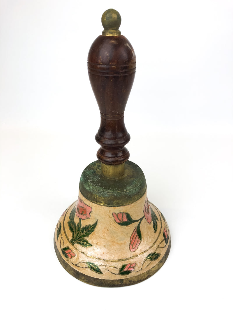 Vintage Bronze Bell Enamel Floral Design & Wooden Handle LARGE 5-3/4" x 10"