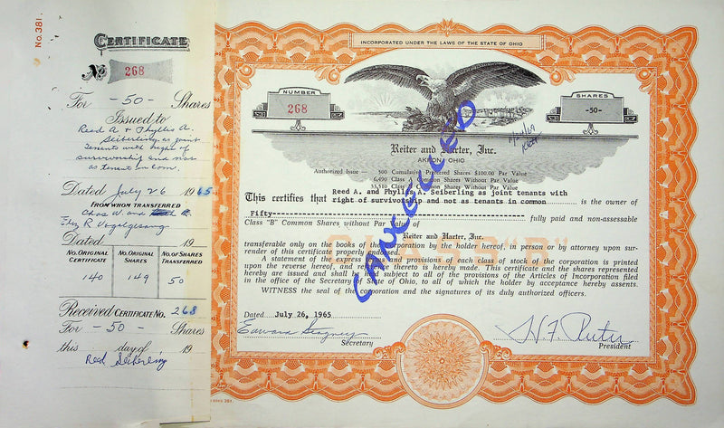 Reiter Dairy Company Stock Certificate Bond Scripophilly Akron Ohio 1965 No 268