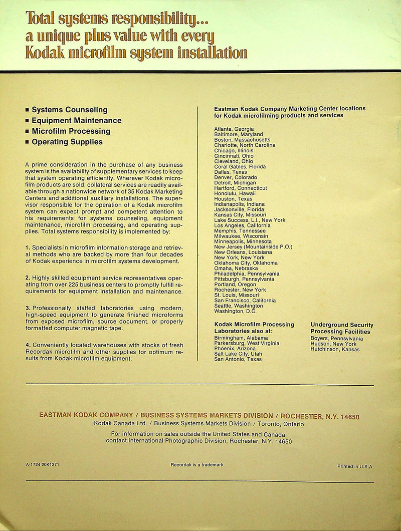1971 Kodak Microfilm Information Management Systems Brochure Storage & Retrieval