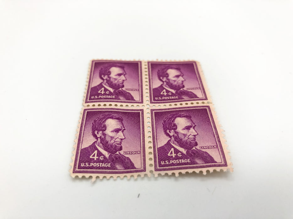 1954 Abraham Lincoln 4 Cent Stamp Block of 4 Purple Liberty Series Back Damage