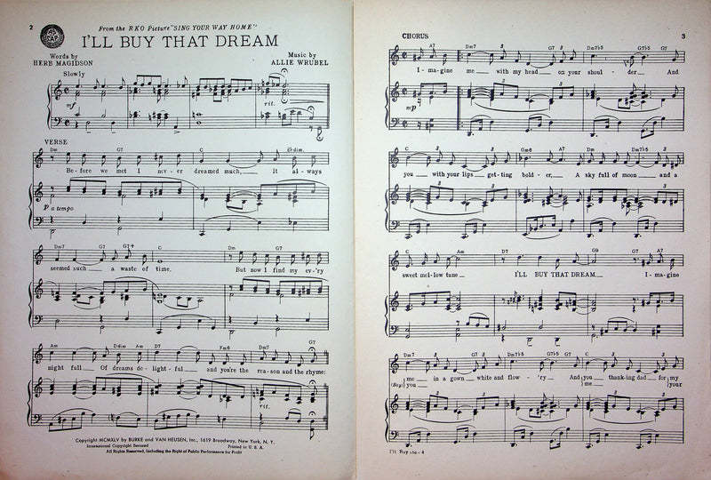 I'll Buy That Dream Sheet Music Allie Wrubel 1945 Sing Your Way Home Movie Piano 3