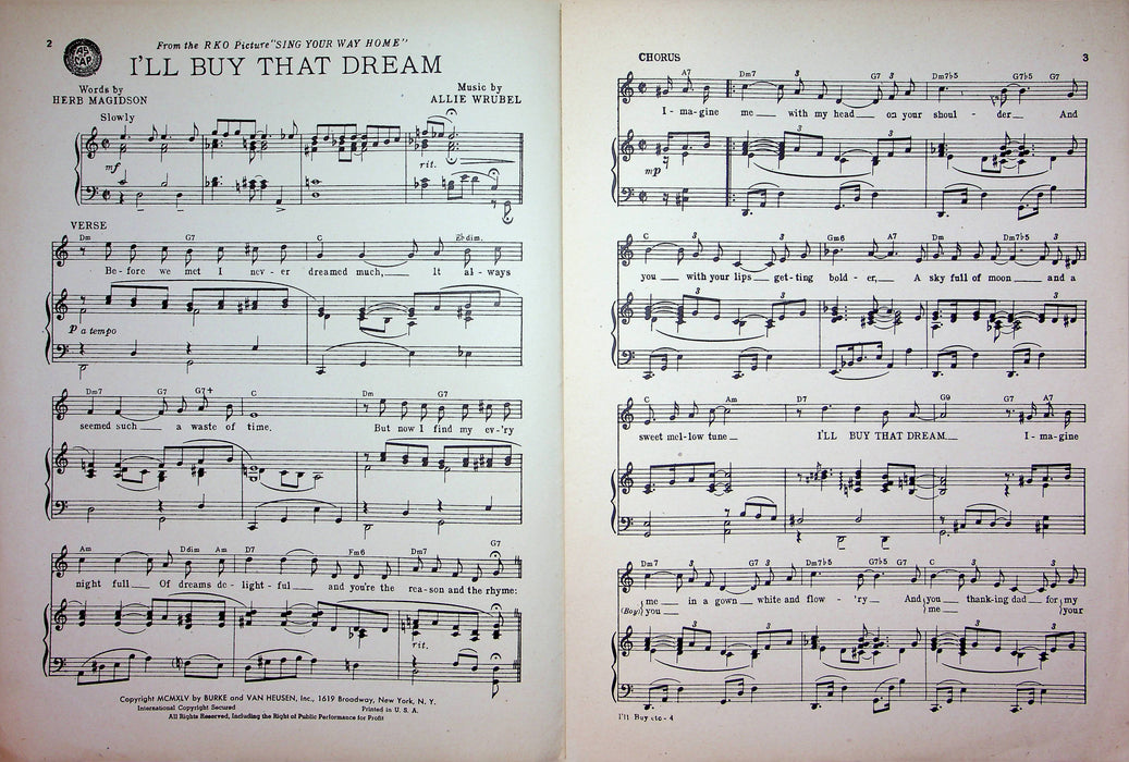 I'll Buy That Dream Sheet Music Allie Wrubel 1945 Sing Your Way Home Movie Piano 3