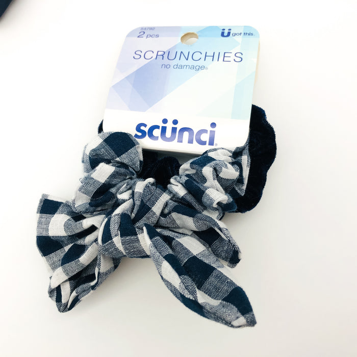 4-Piece Scunci Headband Head Bands Scrunchies Lot Hair Ties Blue Checkered Silk