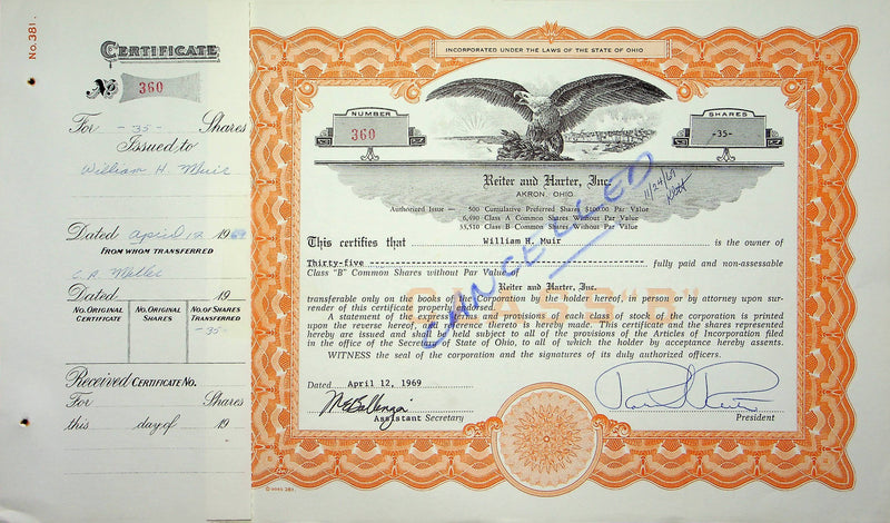 Reiter Dairy Company Stock Certificate Bond Scripophilly Akron Ohio 1969 No 360