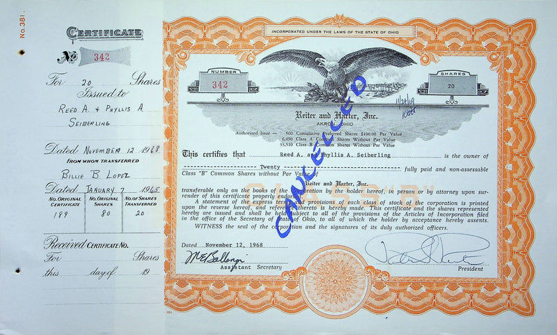 Reiter Dairy Company Stock Certificate Bond Scripophilly Akron Ohio 1968 No 342