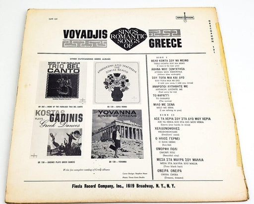 Voyadjis Sings Romantic Songs of Greece 33 RPM LP Record Grecophon 131 2