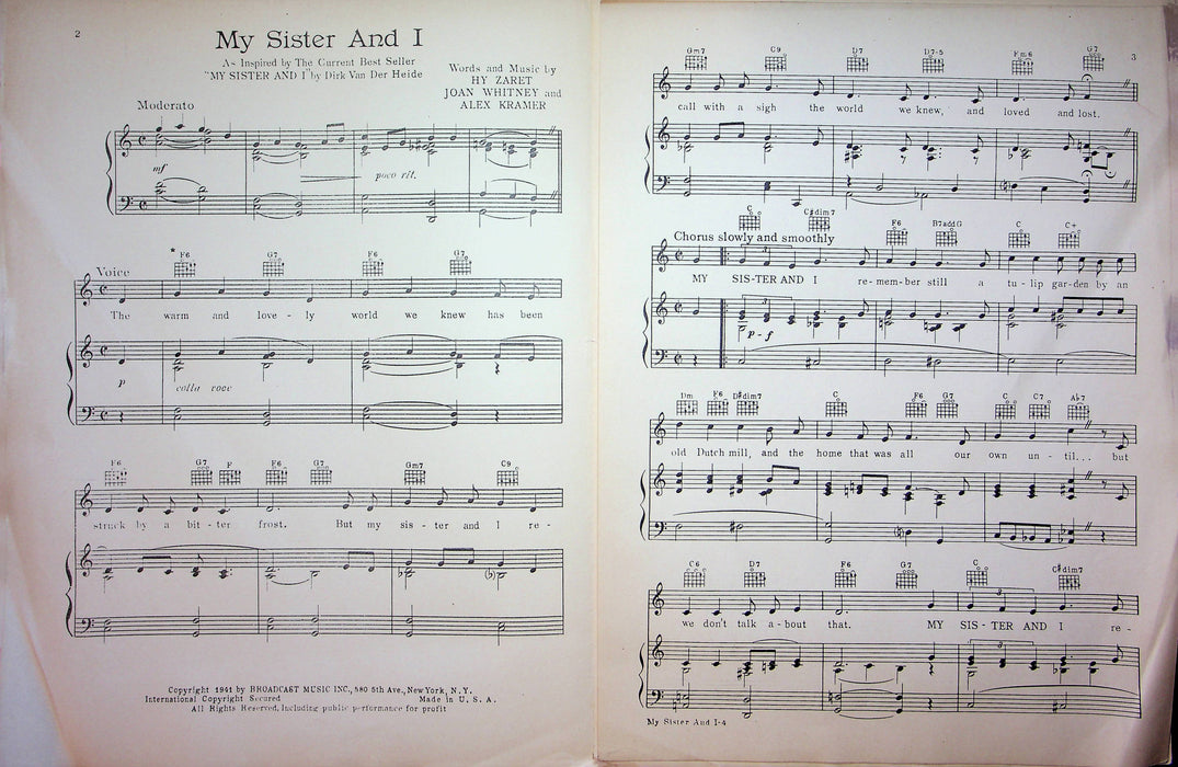 My Sister and I Sheet Music Hy Zaret Whitney Kramer 1941 Piano Vocal Song 3