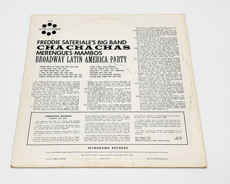 Freddie Sateriale's Big Band Cha Cha Chas 33 RPM LP Record Spin-O-Rama 1958 S-22 2
