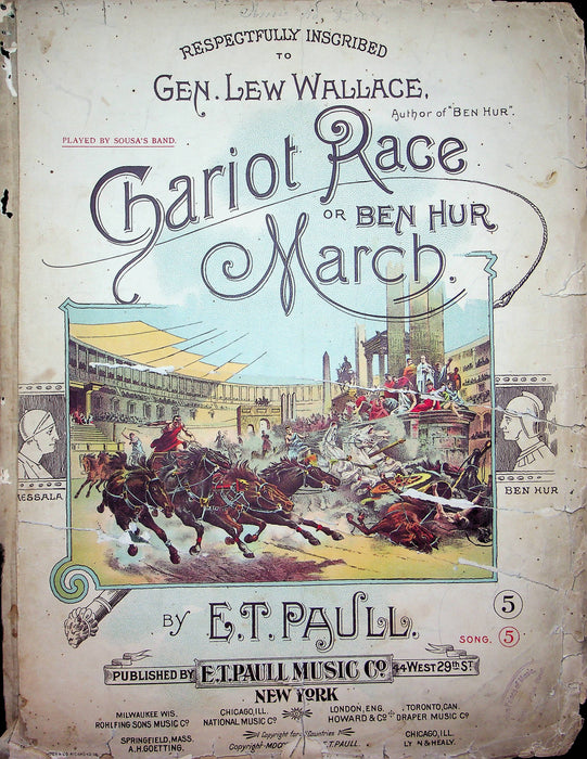 Chariot Race or Ben Hur March Vintage Sheet Music 1894 ET Paull Piano Music 1