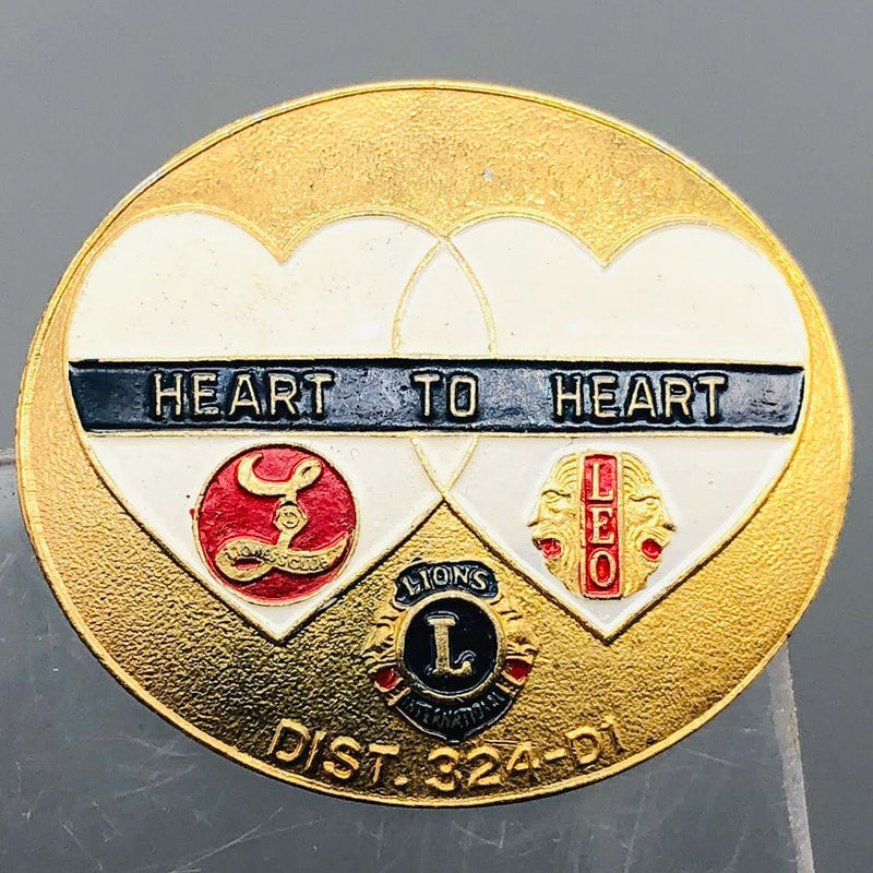 Vintage Lions Club Lapel Pin Pinback Heart To Heart Leo Lion District 324-D1