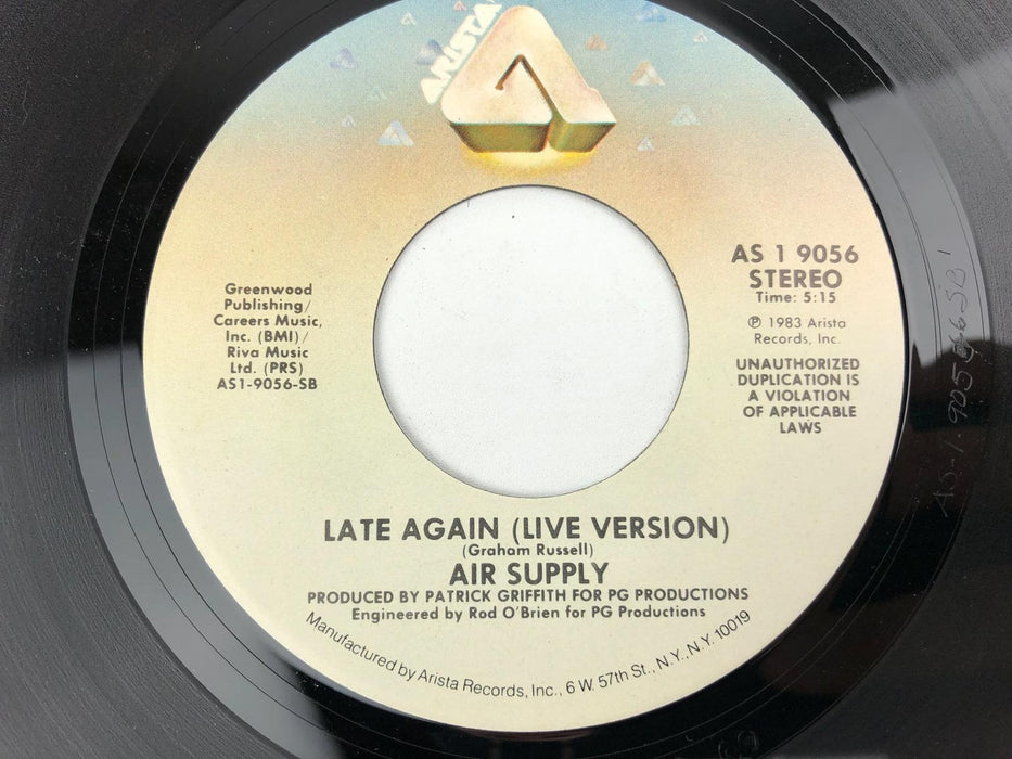 45 RPM Making Love Out of Nothing At All / Late Again LIVE Air Supply Single 4