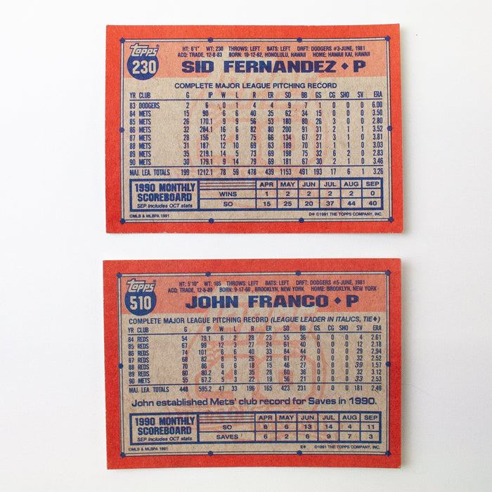 1991 Topps New York Mets John Franco & Sid Fernandez Cards