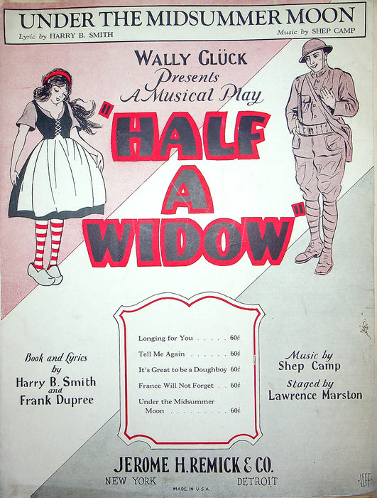 Sheet Music Under The Midsummer Moon Half A Widow Musical Play 1927 Military 1