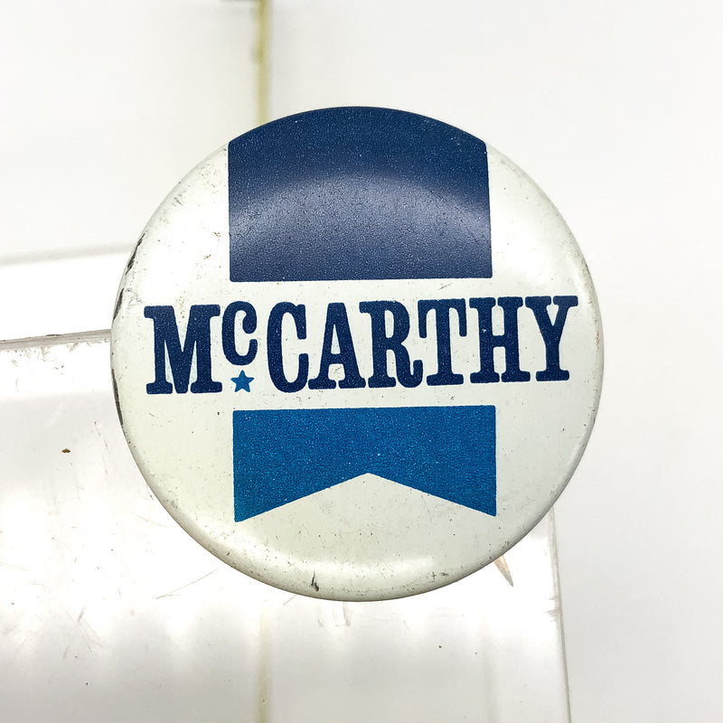 Vintage McCarthy Pinback Button Political Campaign White Blue Teal Labor Union