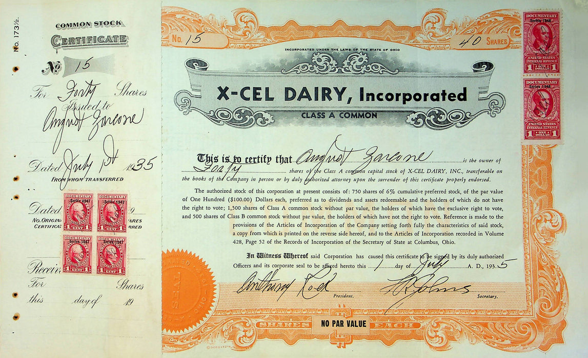 X-Cel Dairy Company Stock Certificate Bond Scripophilly Akron Ohio 1935 No 15