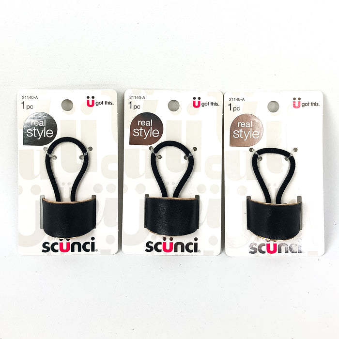 3-PK Scunci Ponytail Holder Faux Leather Dome Plastic Black & Gold Style 21140-A
