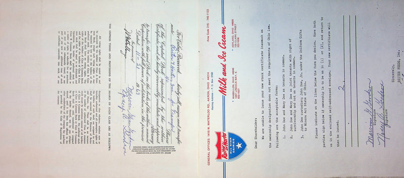 Reiter Dairy Company Stock Certificate Bond Scripophilly Akron Ohio 1965 No 229