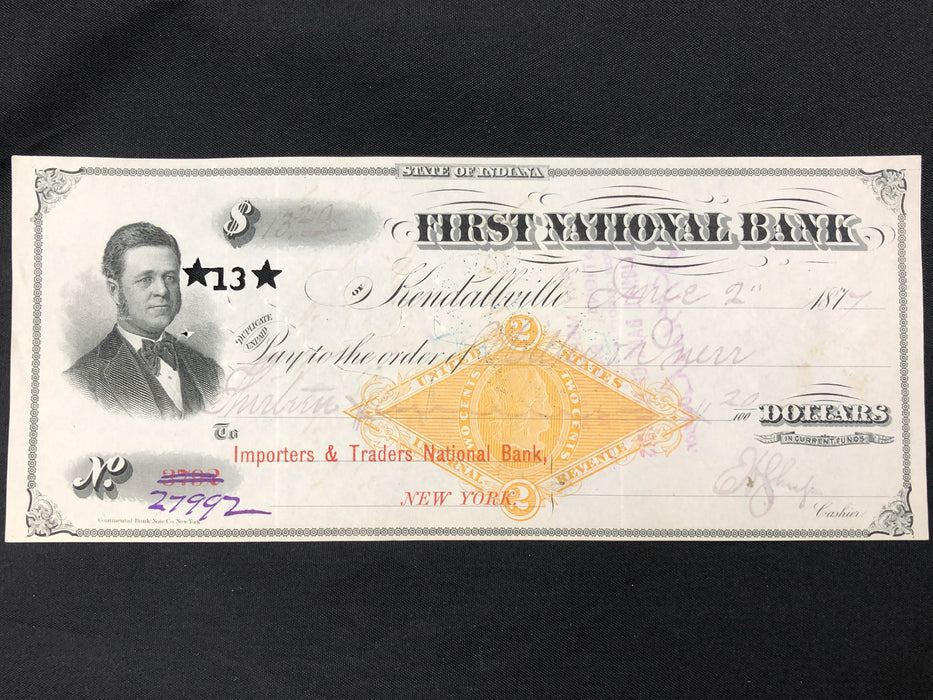 Antique Bank Check Original 1877 First National Bank Indiana 27992 Hole Punched