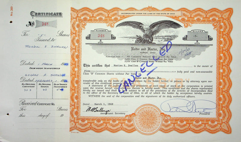 Reiter Dairy Company Stock Certificate Bond Scripophilly Akron Ohio 1969 No 348