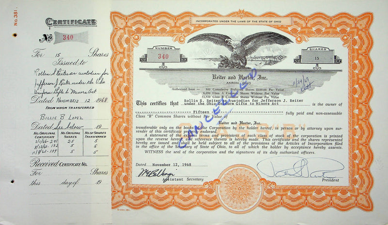Reiter Dairy Company Stock Certificate Bond Scripophilly Akron Ohio 1968 No 340