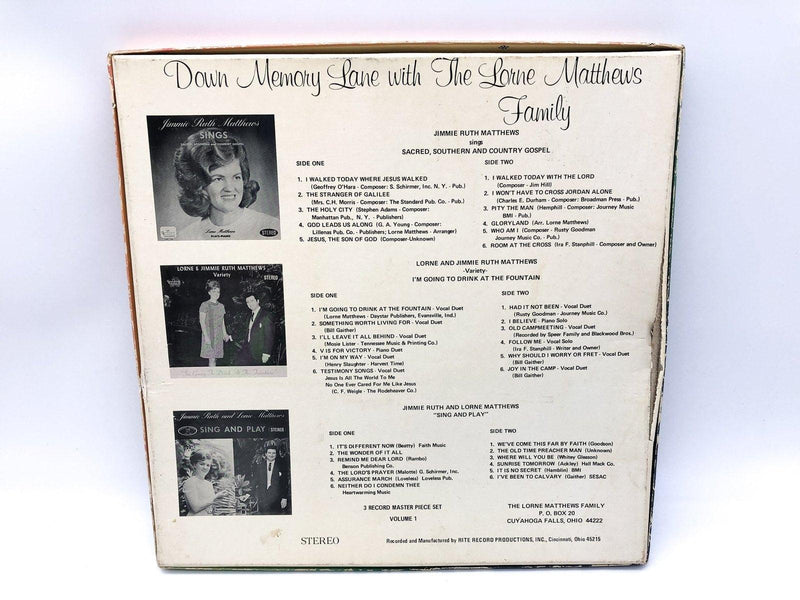 Down Memory Lane with The Lorne Matthews Family Record 33 RPM LP LPS 122 Rite 2