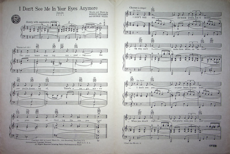 Vintage Sheet Music I Don't See Me In Your Eyes Anymore Perry Como 1949 G Weiss 3