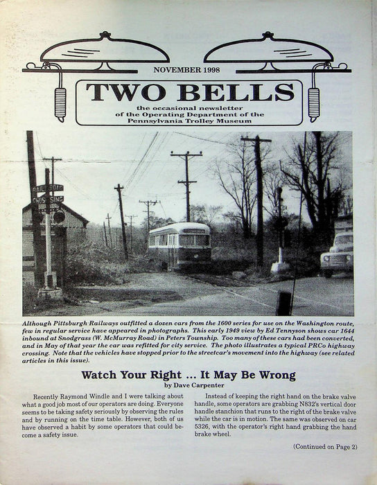 Two Bells Newsletter Nov 1998 Operating Department Pennsylvania Trolley Museum