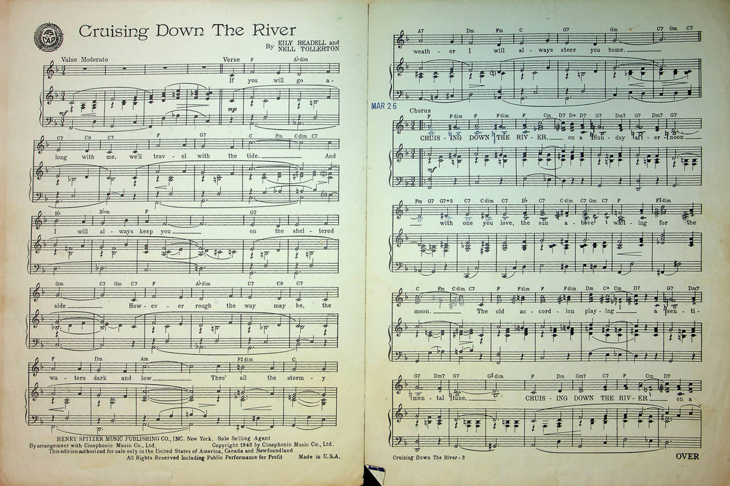 Vintage Sheet Music Cruising Down The River Sunday Afternoon Tollerton Beadell 2